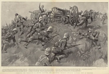 Die Traditionen der britischen Infanterie aufrechterhalten, das Derbyshire Regiment erobert erbeutete Kanonen bei Hekpoort zurück